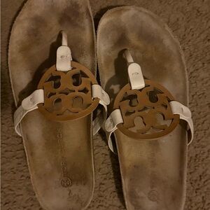 Tory Burch White and Tan Logo Sandals